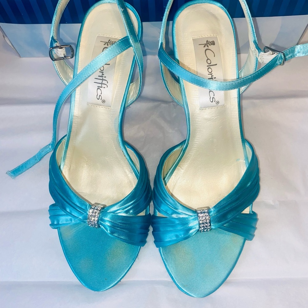 Coloriffics Andie Satin Heels 7 M Open Toe Ankle Strap Rhinestone Accent